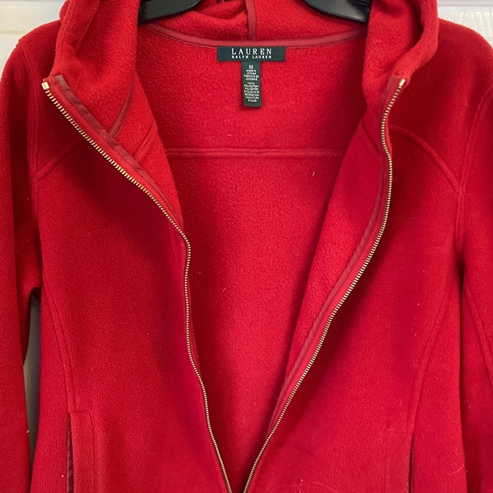 Lauren Ralph Lauren Red Zip-Up Hooded Fleece with Gold Crest - Picture 5 of 9
